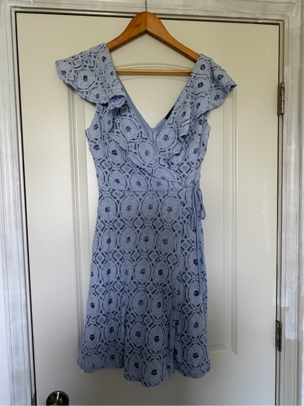 Soprano Light Blue Lace Wrap Dress with Flutter Sleeves